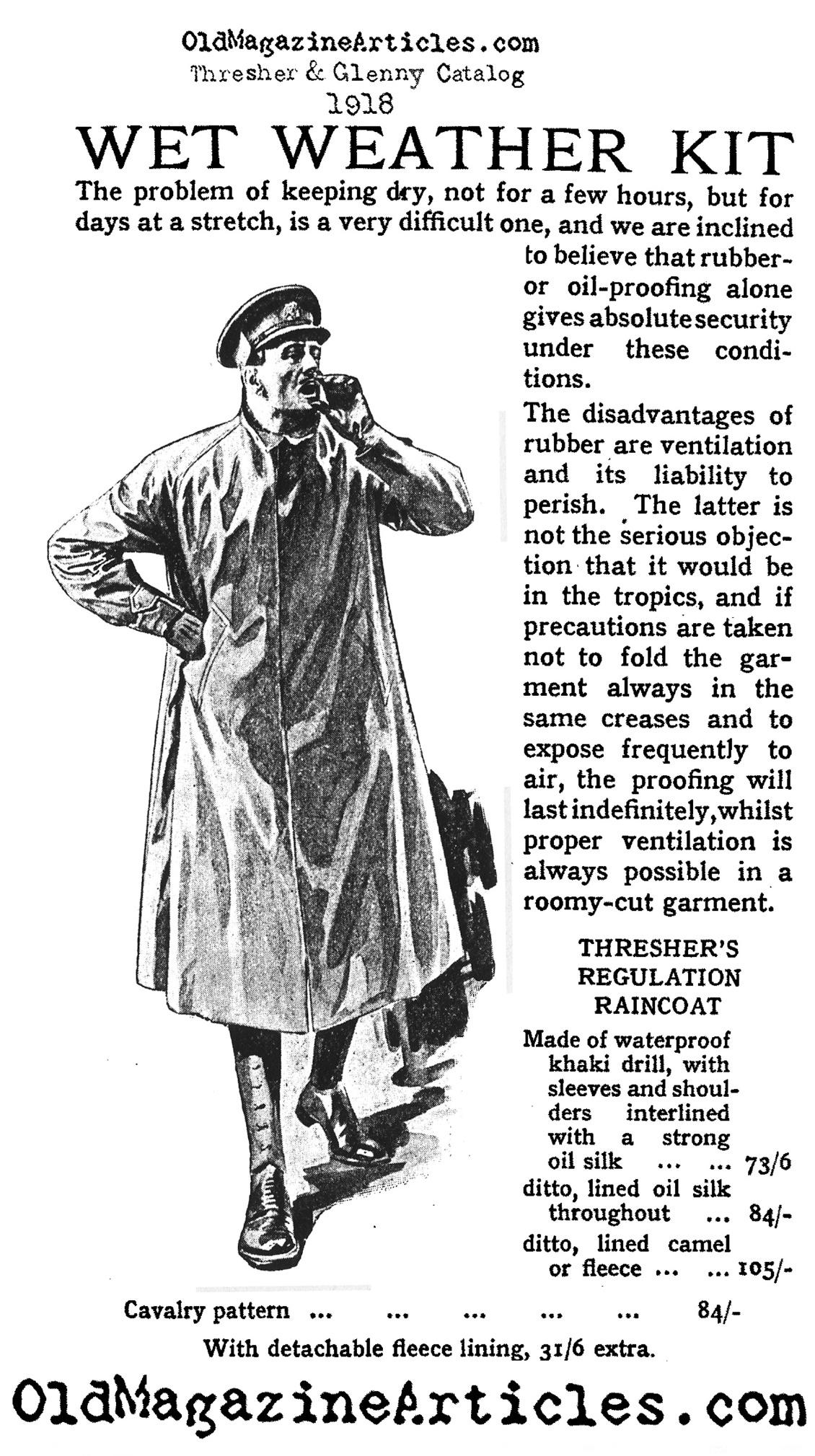 A British Officer's Private Purchase Raincoat (Thresher and Glenny Catalog, 1918)